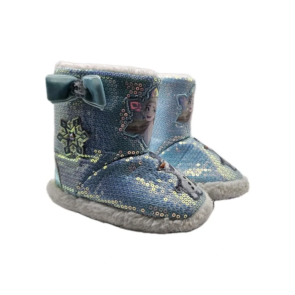 *Disney Frozen Blue Sequined Toddler Girls Slipper Booties Elsa Olaf Sizes 7/8*‎